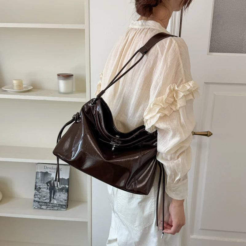 Moods Commuter Shoulder Crossbody Bags Women Waxed Pu Leather Solid Color Large Capacity Shopper