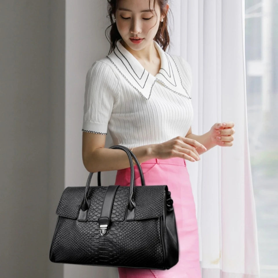 Snake Embossed Leather Tote Bag for Women – Large Shoulder Handbag