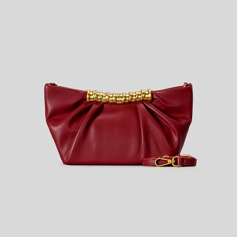 Elegant Ruched Hobos Clucth Bag Luxury Designer Metal Handle Women Handbags Soft Pu Leather Shoulder
