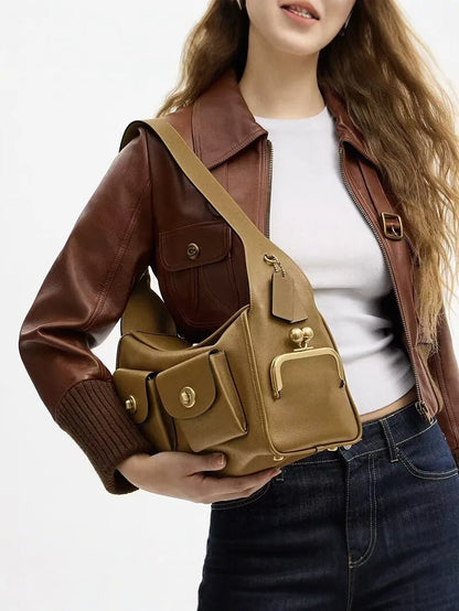 Women Lady Pu Leather Bags Big Capacity Vintage Style Shoulder Hand Zipper Closure Multi Pocket