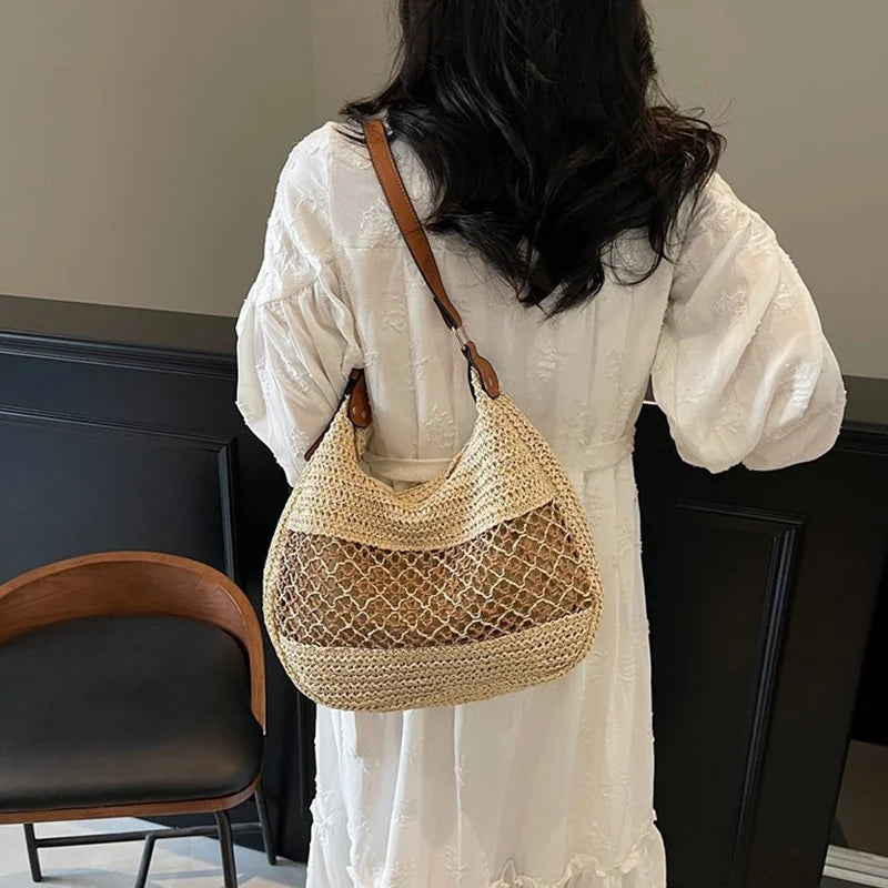 Straw Woven Shoulder Tote Bag with Adjustable Leather Strap