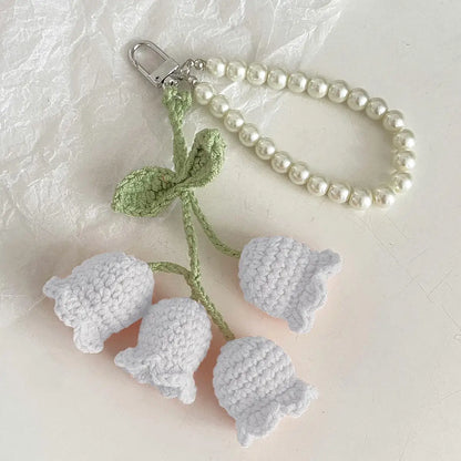 Crochet Flower Keychain with Pearl Chain Bag Charm Handmade