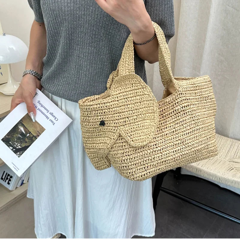 Elephant Woven Straw Tote Bag – Women's Handcrafted Summer Shoulder Bag