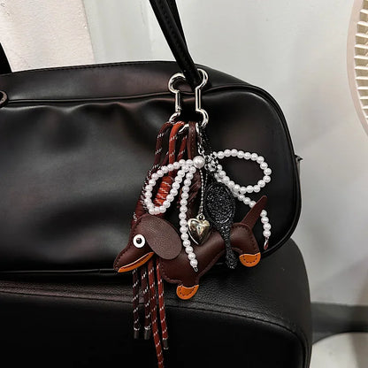 Dachshund Leather Bag Charm Keychain with Tassel & Pearl Bow