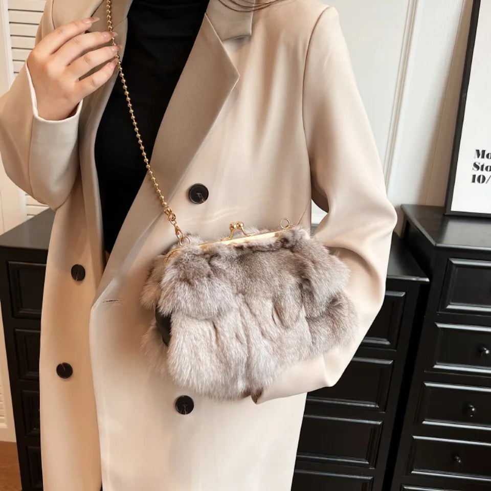 Women's Fluffy Faux Fur Crossbody Bag – Gold Frame Pearl Chain Handbag
