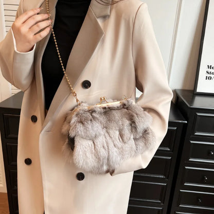 Women's Fluffy Faux Fur Crossbody Bag – Gold Frame Pearl Chain Handbag
