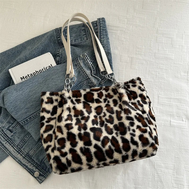 Leopard Print Fluffy Tote Bag – Women's Large Faux Fur Handbag