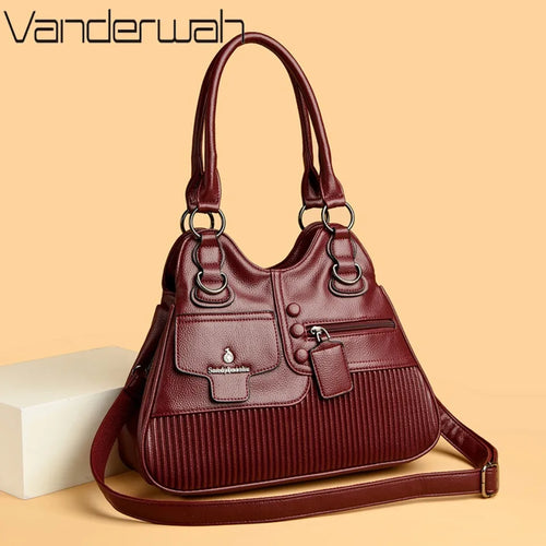 Vegan Leather Tote Handbag with Multi-Pocket & Crossbody Strap