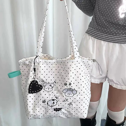 Cute Polka Dot Puppy Embroidery Shoulder Bag Cartoon Graffiti Nylon Tote Lightweight Large Capacity