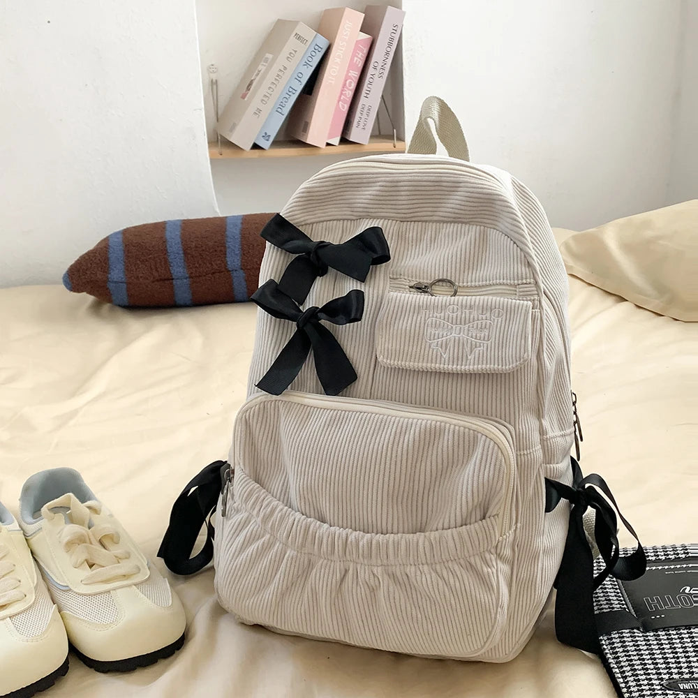 Bow Accent Corduroy Backpack for Women – Cute Aesthetic School Bag