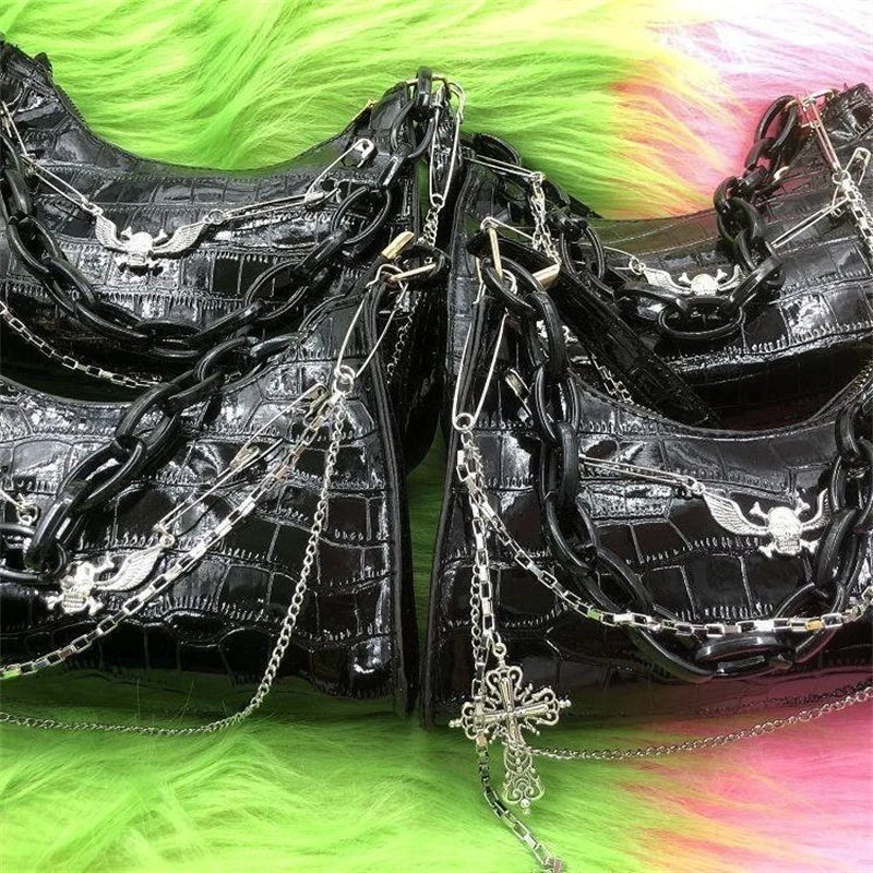 Y2K Skull Shoulder Bag – Crocodile Pattern Dark Punk Handbag