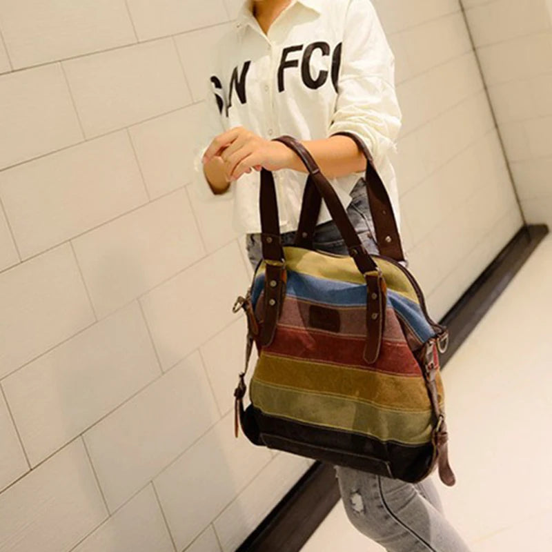 Rainbow Striped Canvas Shoulder Bag – Women's Patchwork Crossbody Tote