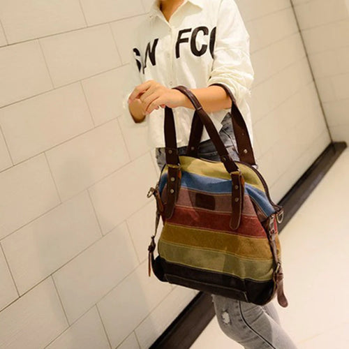 Rainbow Striped Canvas Shoulder Bag – Women's Patchwork Crossbody Tote