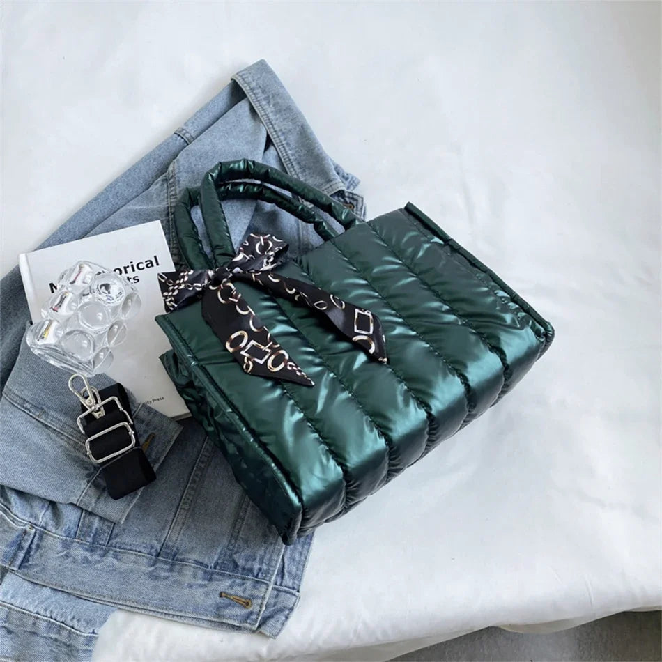 Quilted Women's Tote Bag with Silk Scarf Accent & Crossbody Strap