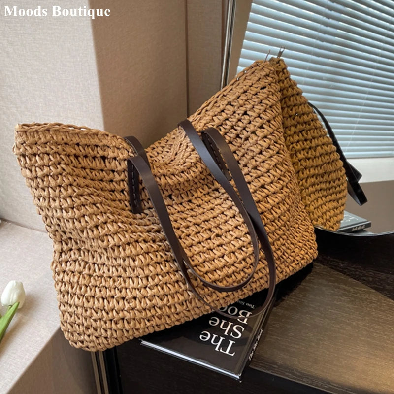 Moods Luxury Design Straw Woven Tote Bags Women Large Capacity Shoulder Beach Bag Pure Color Summer