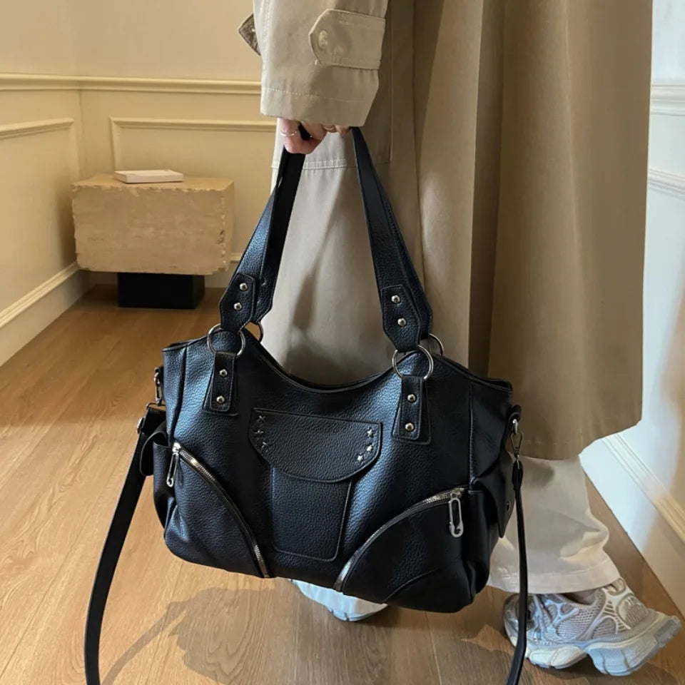 Motorcycle Style Tote Bag for Women – Y2K Leather Crossbody Shoulder Bag