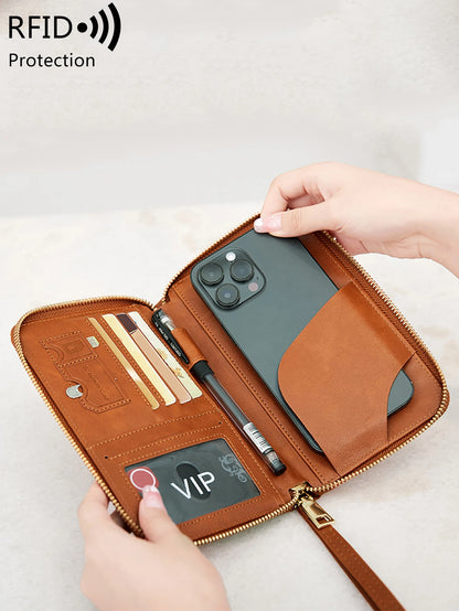 RFID Travel Wallet – Long Passport Holder with Zipper & Wrist Strap