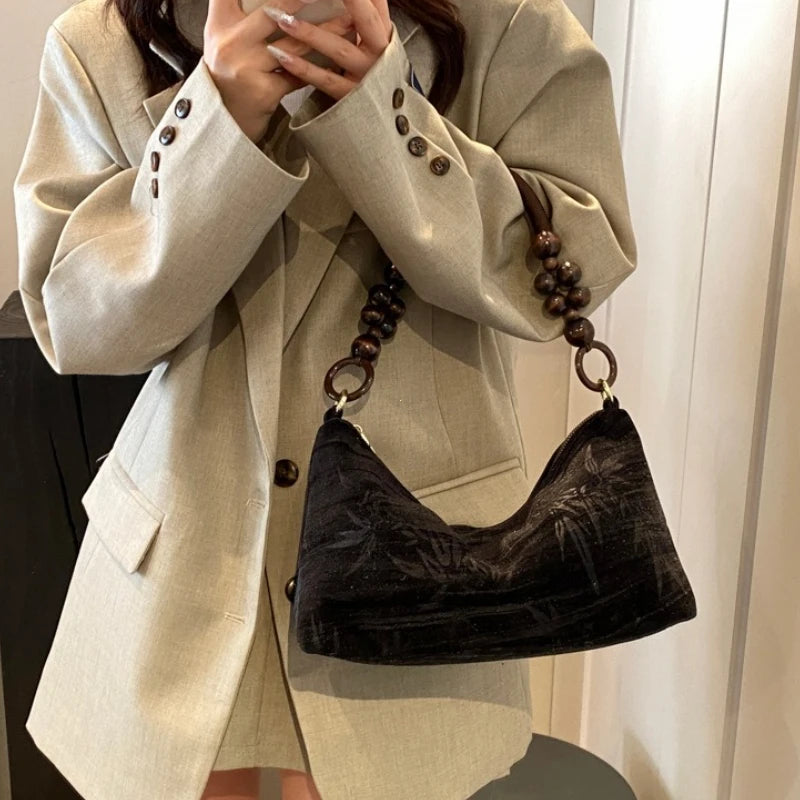 Bead Handle Shoulder Bag – Women's Retro Canvas Underarm Bag
