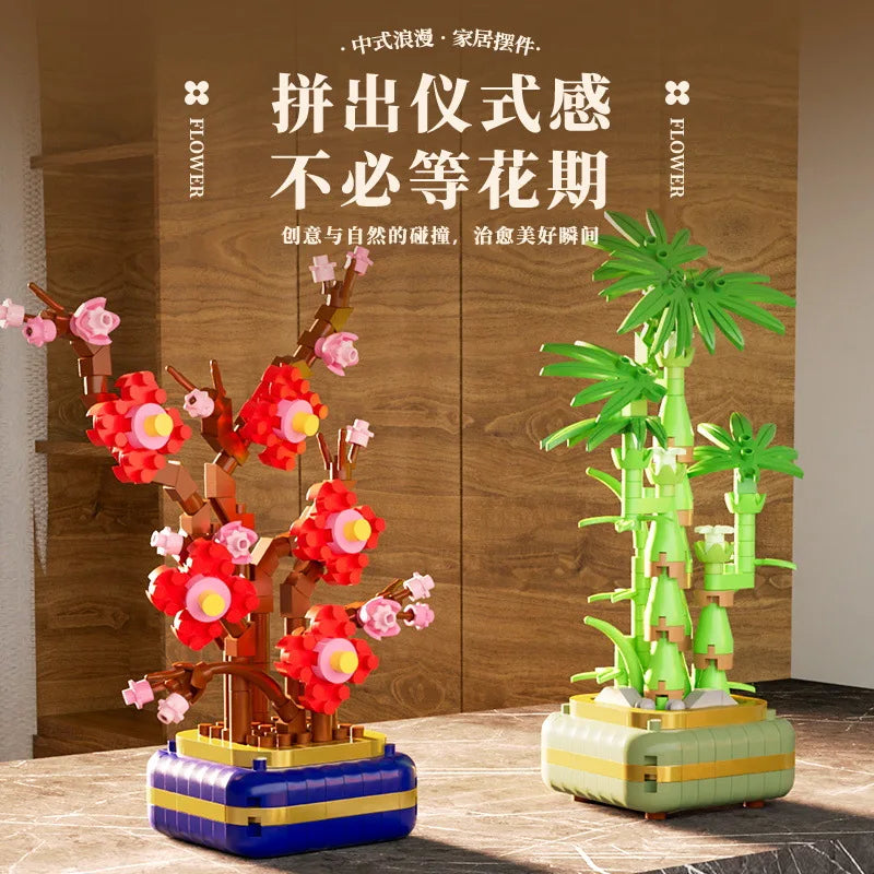 Micro Bonsai Building Blocks – Potted Plum Blossom & Succulent Plant Model