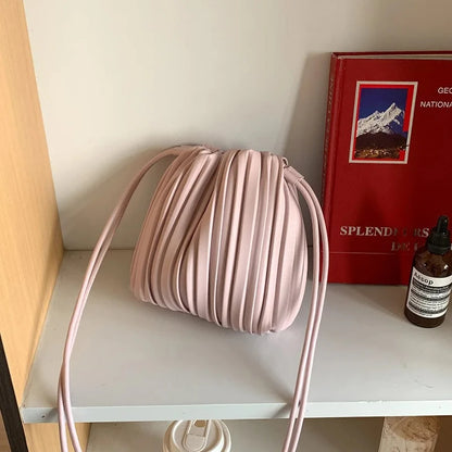 Pleated PU Leather Crossbody Bag – Mini Bucket Shoulder Bag for Women