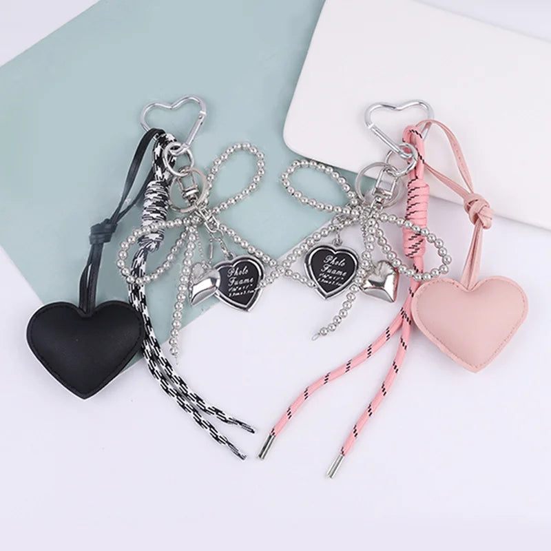 Heart Bow Keychain Beaded Leather Pendant Bag Charm