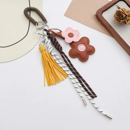 Leather Flower Tassel Keychain Bag Charm with Braided Rope