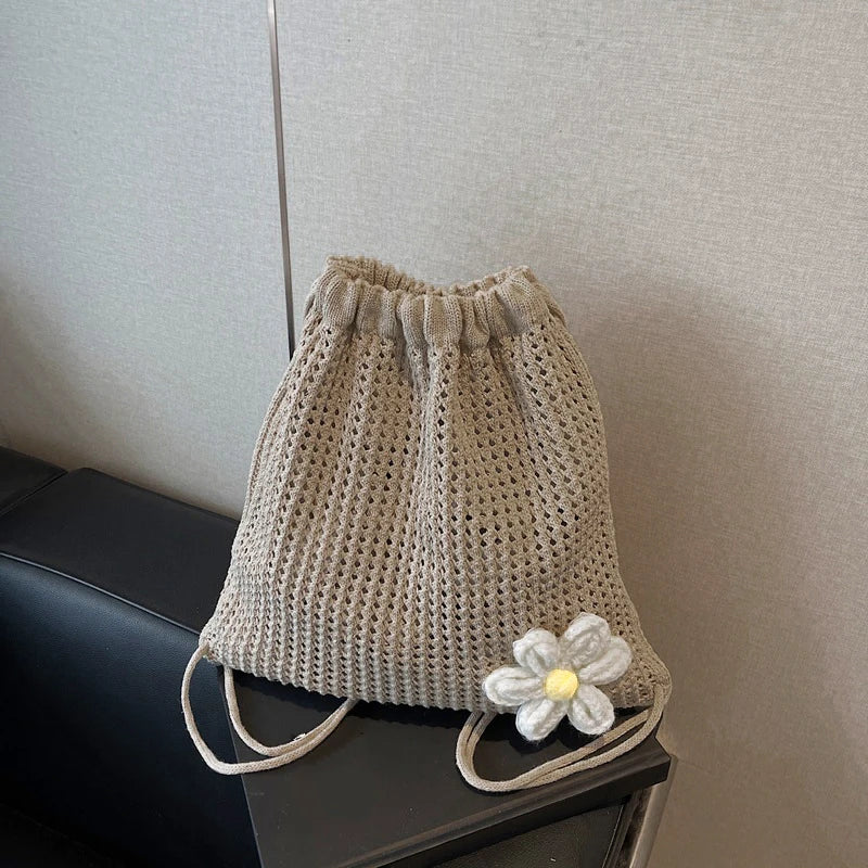 Crochet Drawstring Backpack for Women – Hollow Knit Flower Bag