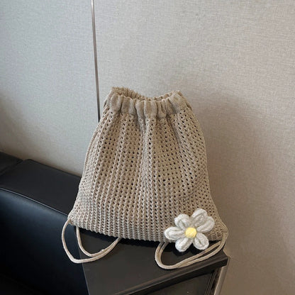 Crochet Drawstring Backpack for Women – Hollow Knit Flower Bag