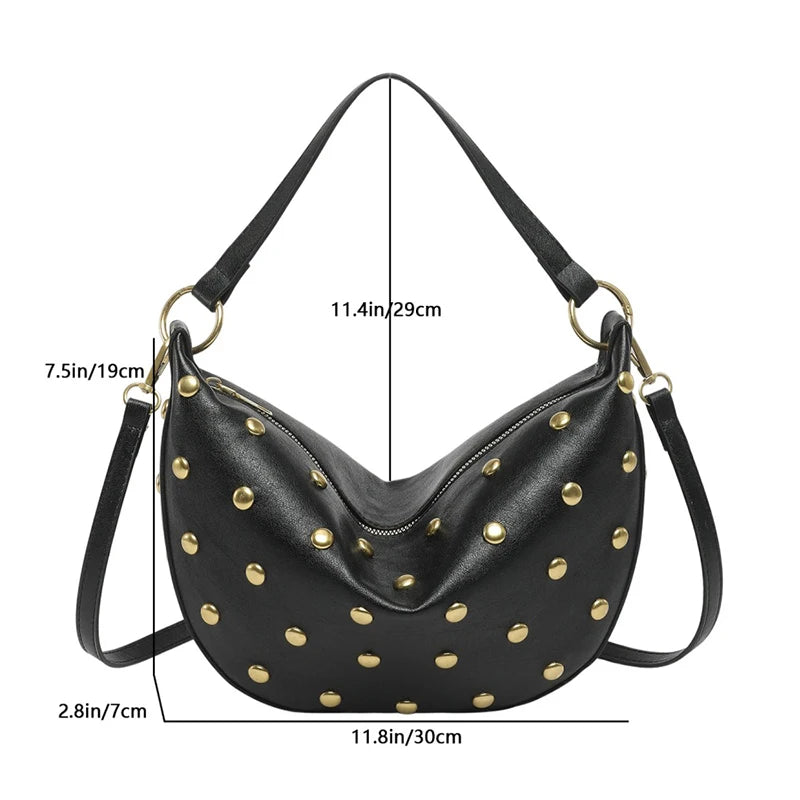 Gold Studded Hobo Bag Women – Punk PU Leather Shoulder Bag
