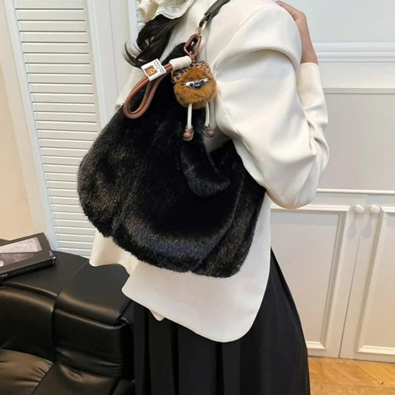 Winter Shoulder Bag Large Capacity Commuting Tote Handle Women Plush Fur Comfortable Versatile
