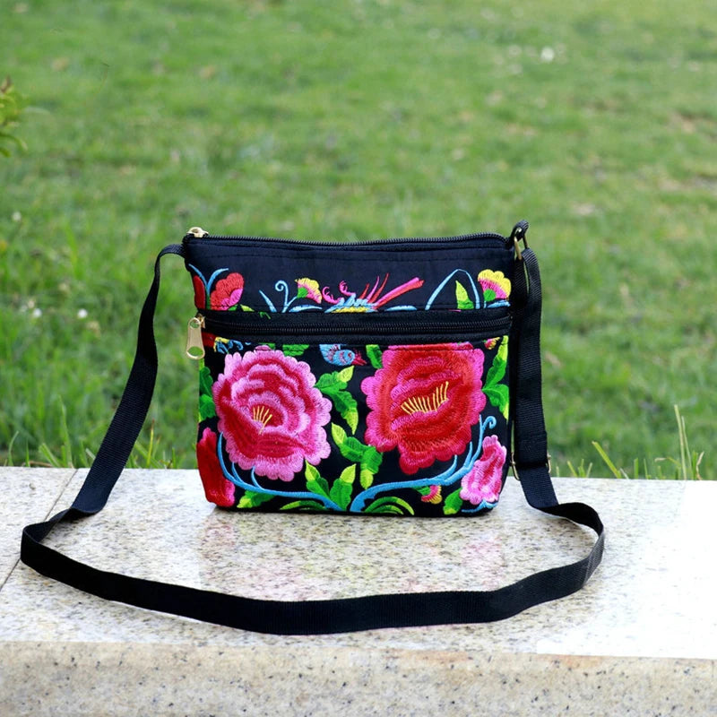 Embroidered Canvas Crossbody Bag – Ethnic Floral Shoulder Bag