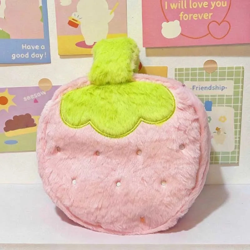 Cute Strawberry Plush Makeup Bag – Large Capacity Travel Cosmetic Pouch