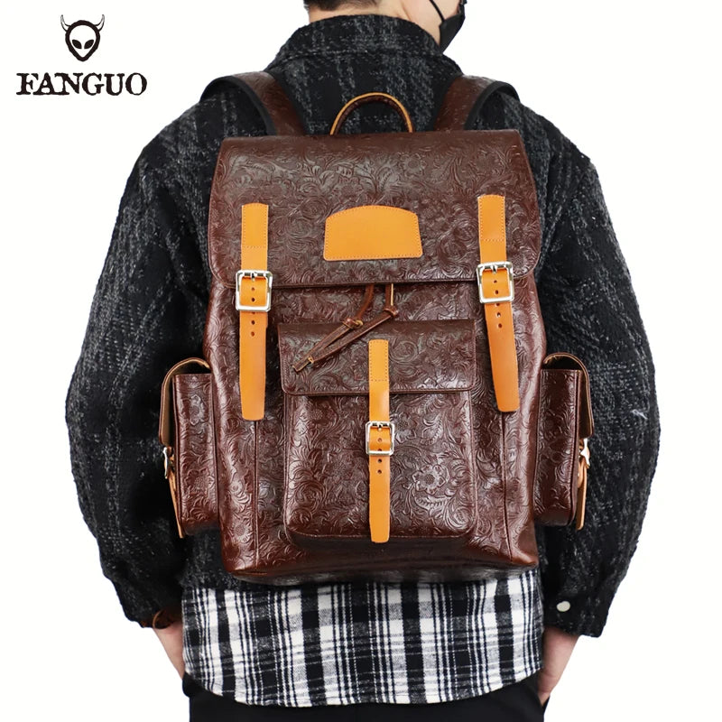 Genuine Leather Men's Backpack – Vintage Floral Embossed Laptop Bag