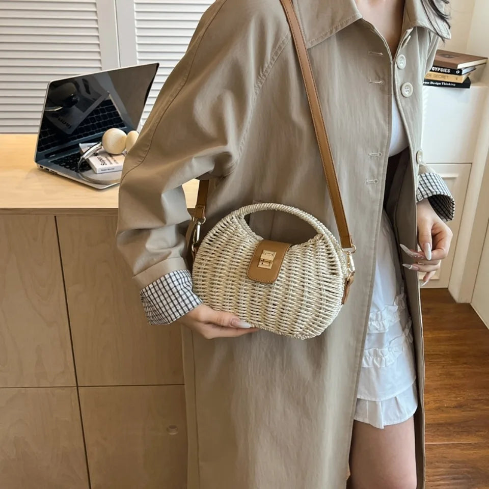 Rattan Woven Half Moon Crossbody Bag – Women's Straw Shoulder Bag