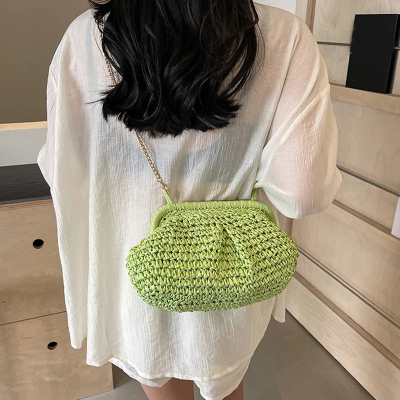 Straw Woven Cloud Bag – Gold Chain Shoulder Purse for Women