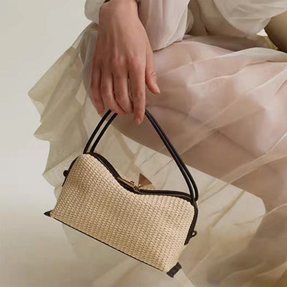 Small Square Straw & Leather Crossbody Bag – Minimalist Box Clutch