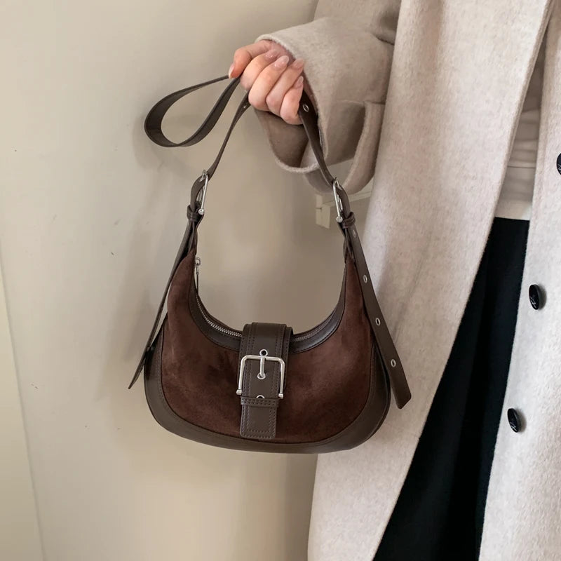 Moods Belt Buckle Design Crossbody Bags Women Pu Suede Commute Underarm Shoulder Hobo Bag Designer