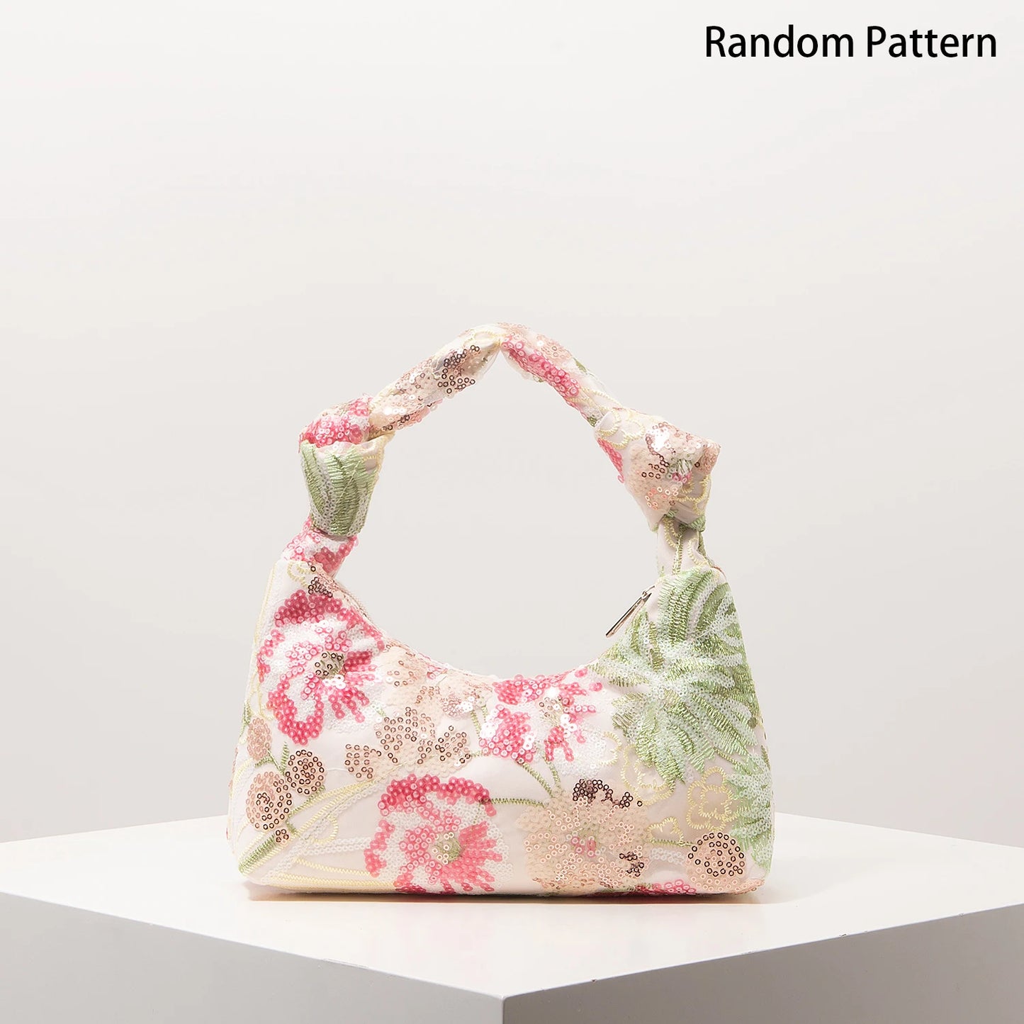 Floral Sequin Hobo Bag – Embroidery Knotted Handle Shoulder Purse