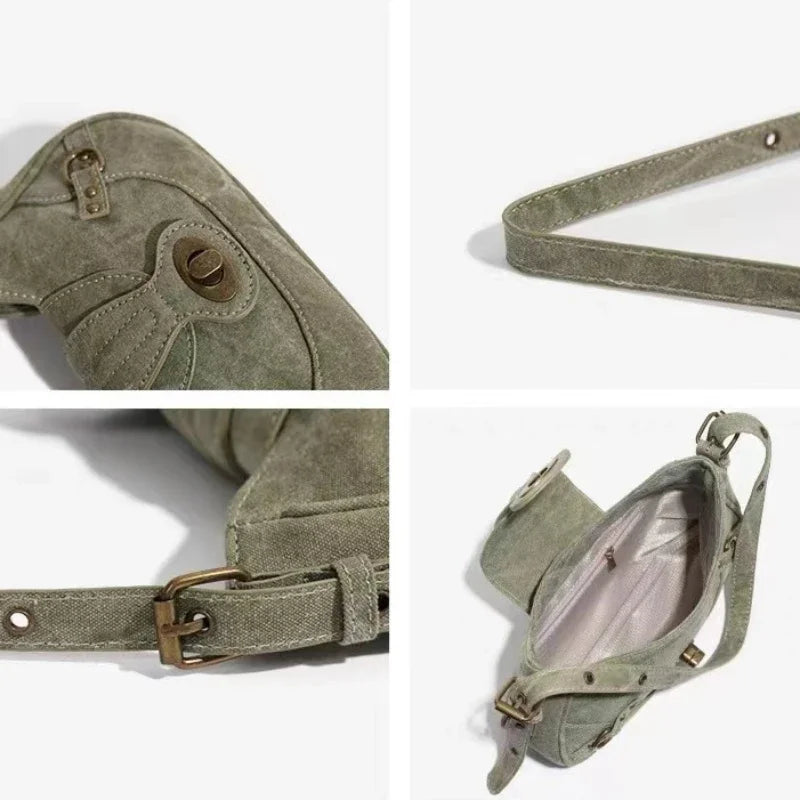Y2K Vintage Rivet Shoulder Bag – Gothic Punk Canvas Handbag