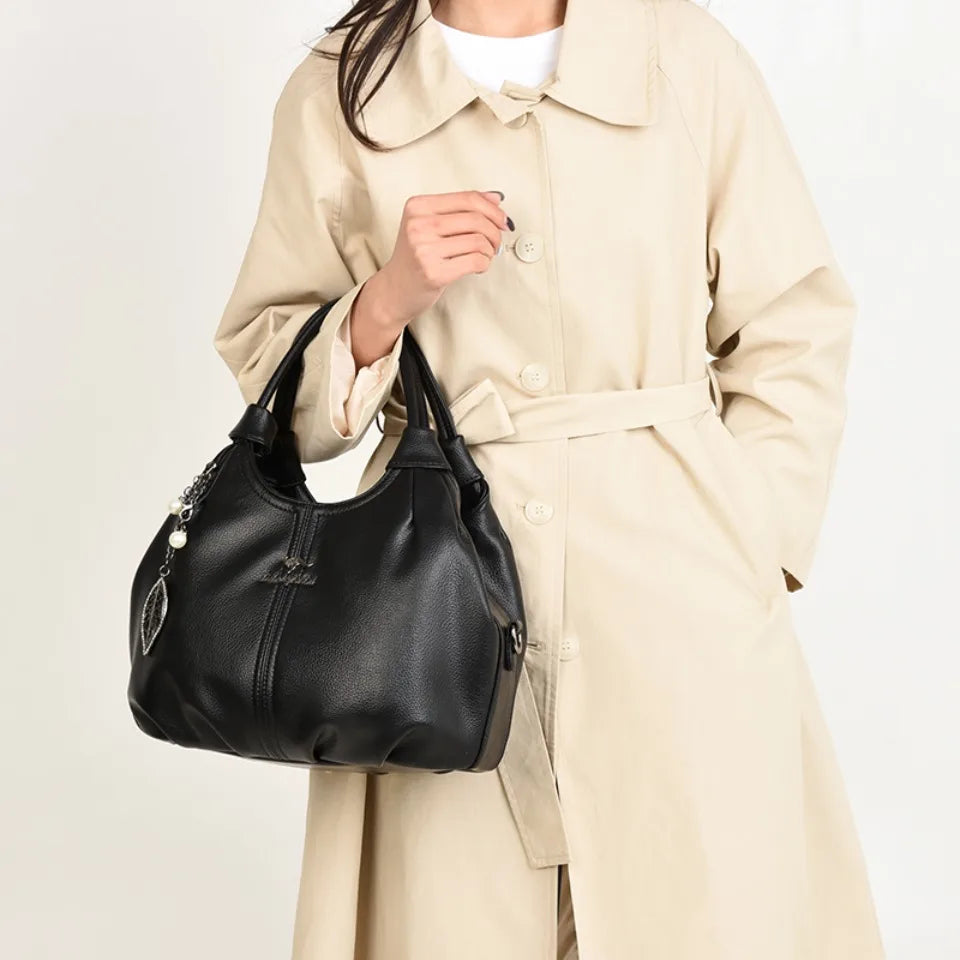 Lychee Leather Hobo Handbag – 3-Layer Shoulder & Crossbody Bag with Leaf Pendant