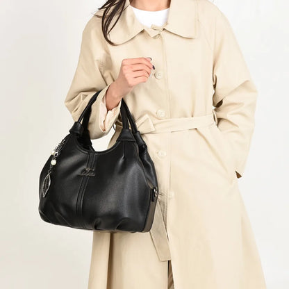 Lychee Leather Hobo Handbag – 3-Layer Shoulder & Crossbody Bag with Leaf Pendant