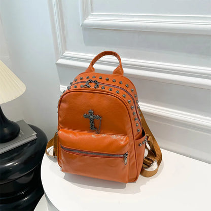 Rivet Cross Leather Backpack Large Capacity Commuter Bag