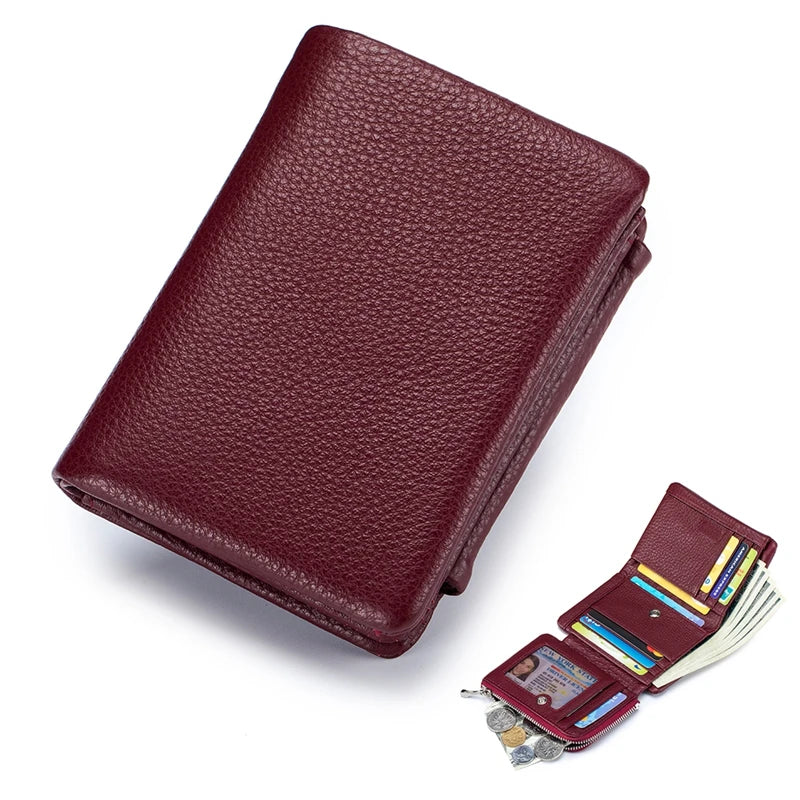 Genuine Cowhide Leather Trifold Wallet with Zipper Coin Pocket