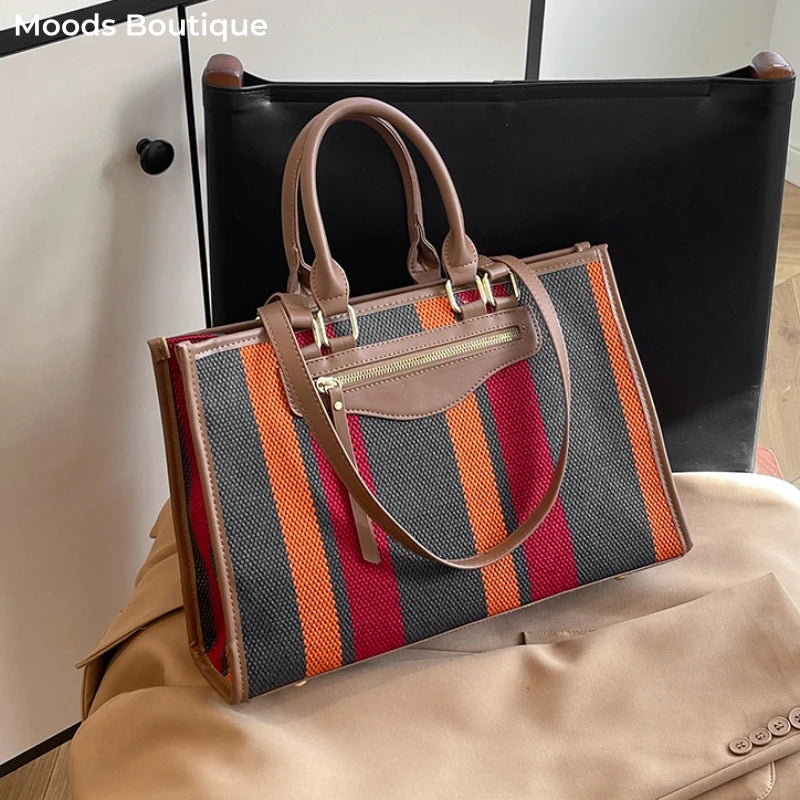 Moods Classic Striped Shoulder Tote Bags Women Large Capacity Shopping Top-Handle Bag Luxury