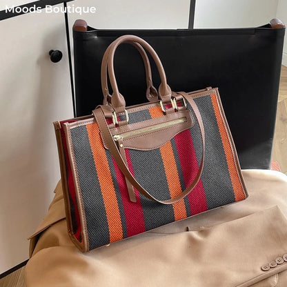 Moods Classic Striped Shoulder Tote Bags Women Large Capacity Shopping Top-Handle Bag Luxury