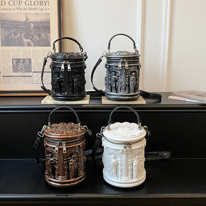 3D Baroque Embossed Bucket Bag – Retro Crossbody Handbag