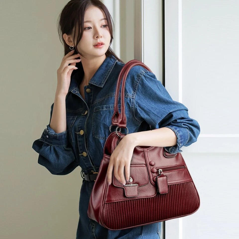 Vegan Leather Tote Handbag with Multi-Pocket & Crossbody Strap