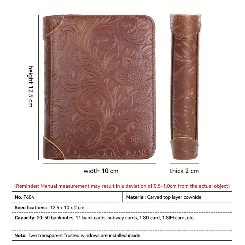 RFID Genuine Leather Men's Short Wallet – Floral Embossed Bifold