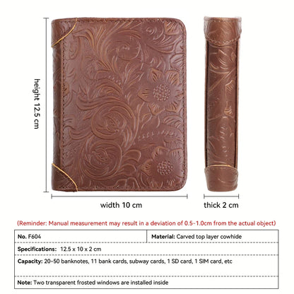 RFID Genuine Leather Men's Short Wallet – Floral Embossed Bifold