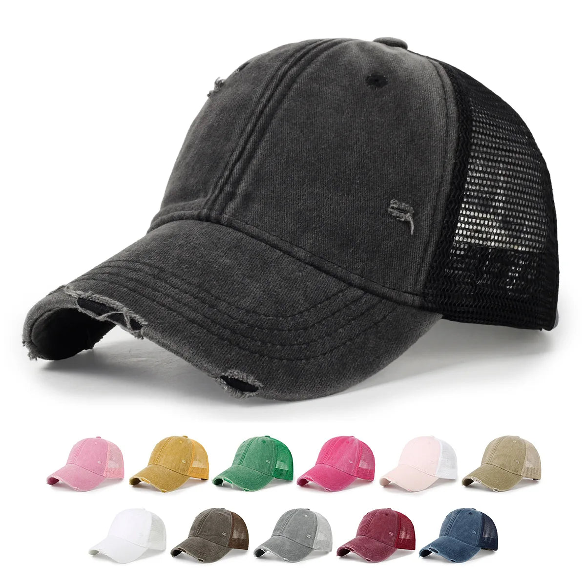 Distressed Mesh Trucker Baseball Cap – Unisex Washed Cotton Hat